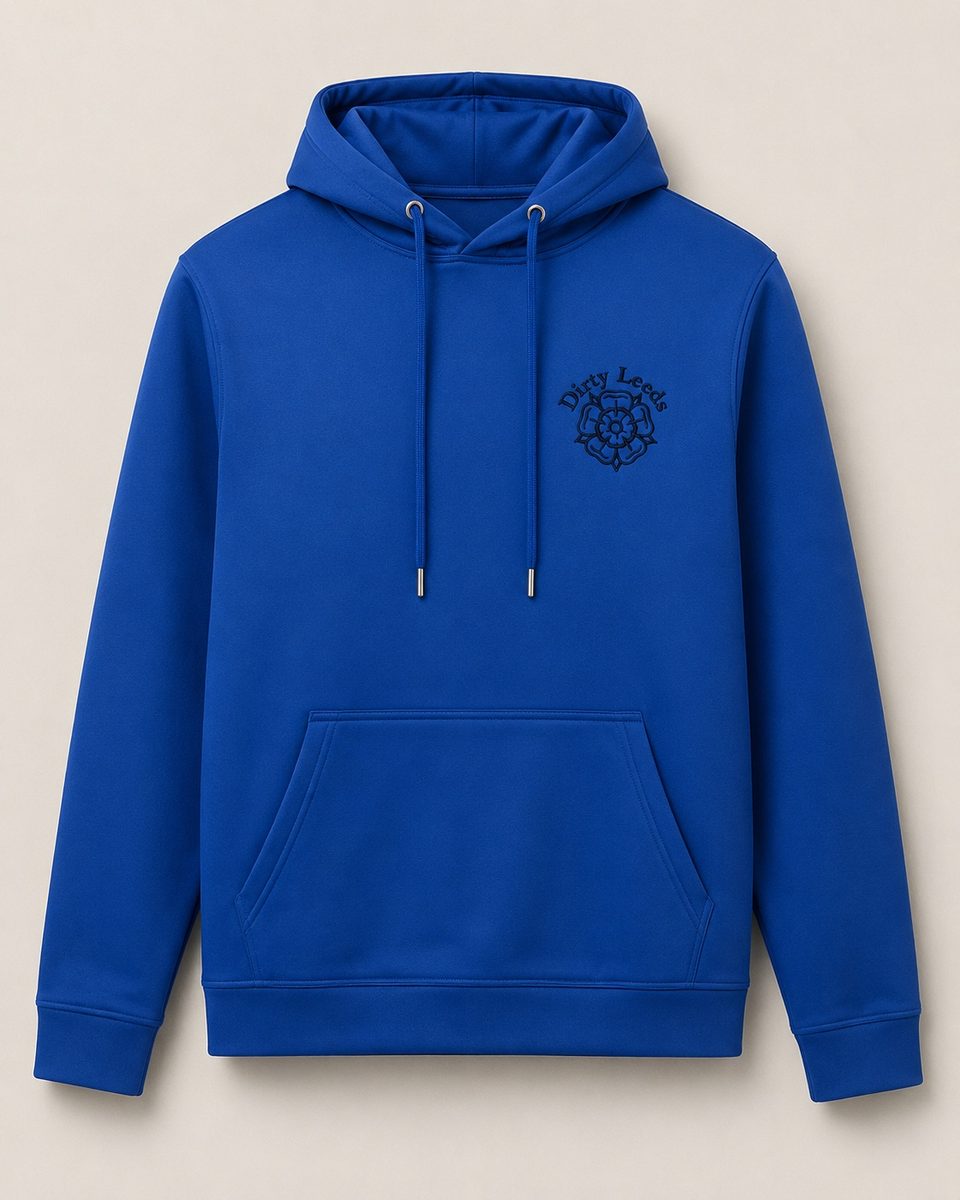 Front view of the Dirty Leeds® Blue Yorkshire Rose Scuba Hoodie with tonal embroidered chest motif.